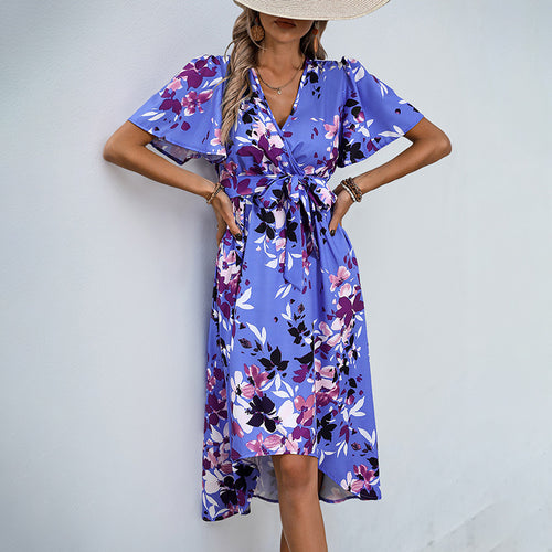 Damen Leichtes Chiffon-Midikleid Wickeloptik mit V-Ausschnitt, Taillenband und asymmetrischem Zipfelrock Echoarchiv