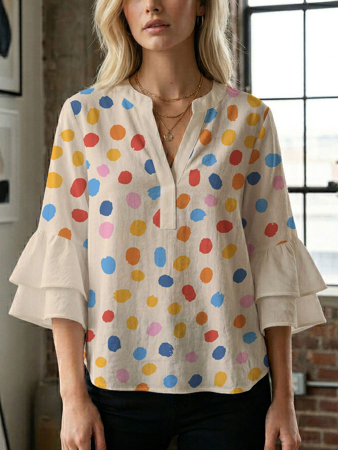 Damen Blusenshirt mit voluminösen Ärmeln und kreativem Druckdesign Echo Archiv