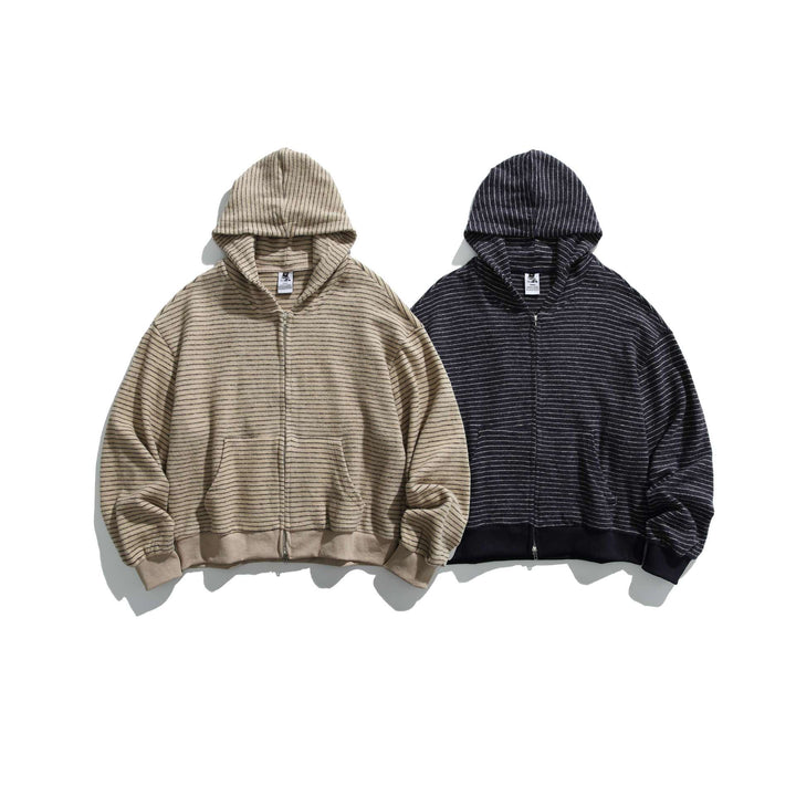 Unisex Gestreifte Kapuzenjacke mit durchgehendem Reißverschluss und gerippten Bündchen Echoarchiv