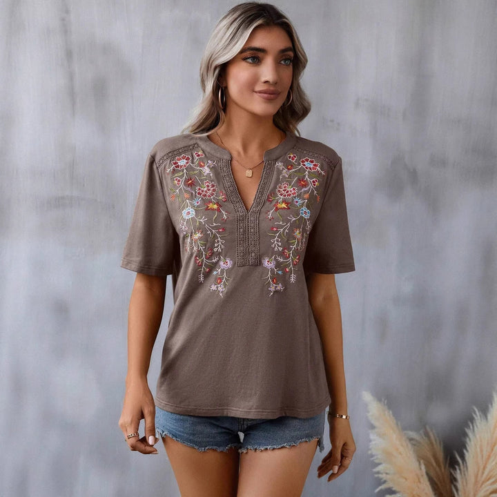 Damen bestickte Boho-Tunika mit tiefem Ausschnitt und Spitzenbesatz Echo Archiv