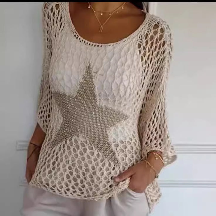 Damen nan oversized gehäkelter Pullover mit Sternapplikation und 3/4-Ärmeln Echo Archiv