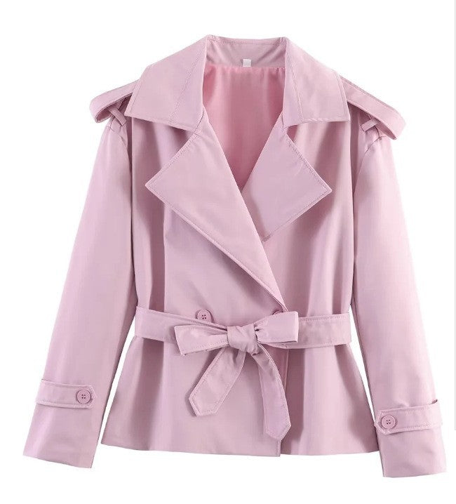 Damen Taillierter kurzer Trenchcoat mit Bindegürtel und Epauletten Echoarchiv