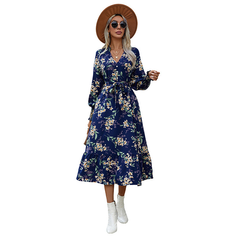 Damen Florales Langarmkleid mit Taillengürtel Echo Archiv