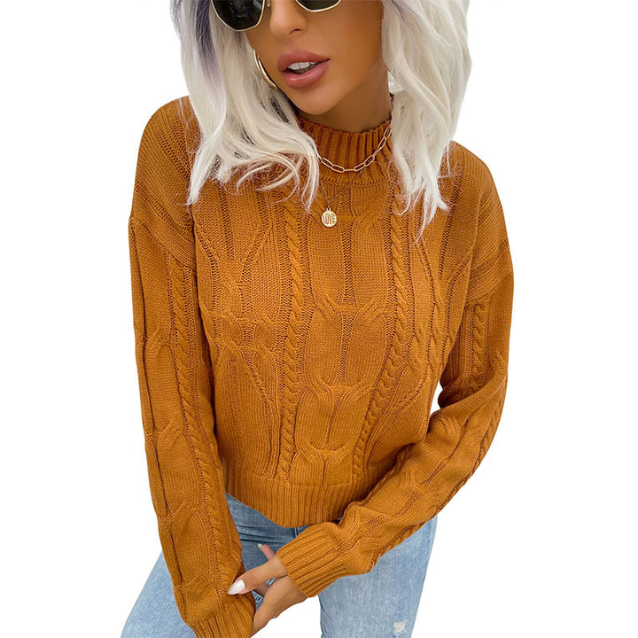 Damen Kurzgeschnittener Zopfmuster-Strickpullover mit Stehkragen Echoarchiv