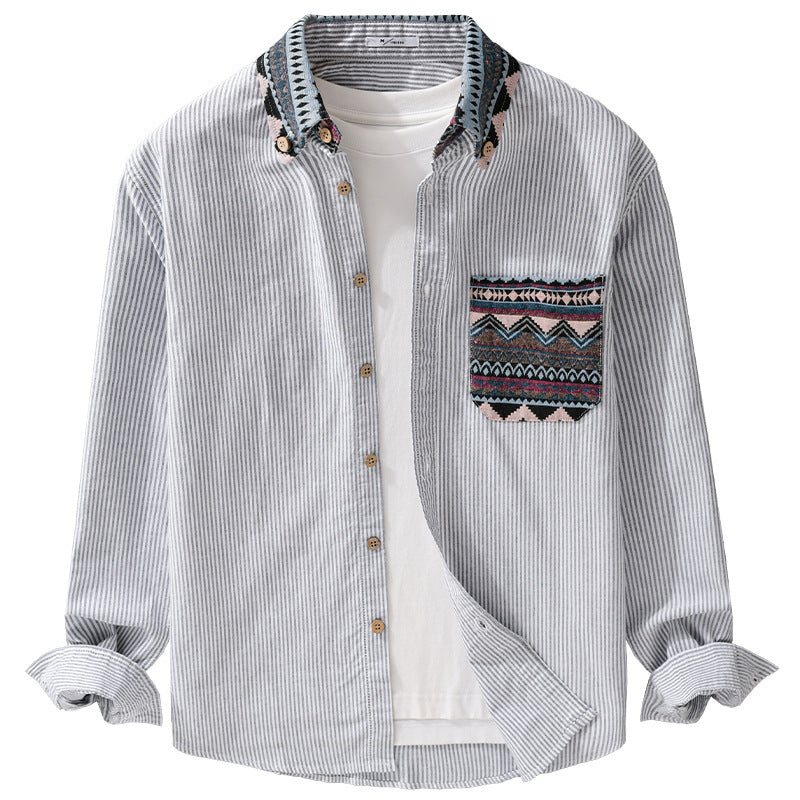 Herren Gestreiftes Baumwollhemd mit Jacquard-Kragen und Taschenbesatz Echoarchiv