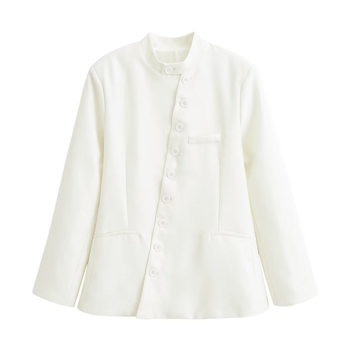 Damen Taillierte Blazer‑Jacke mit Stehkragen, asymmetrischer Knopfleiste und Eingrifftaschen Echo Archiv