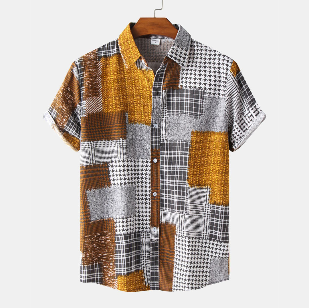 Herren Kurzarmhemd mit kreativem Patchwork-Design und strukturiertem Stoff Echoarchiv
