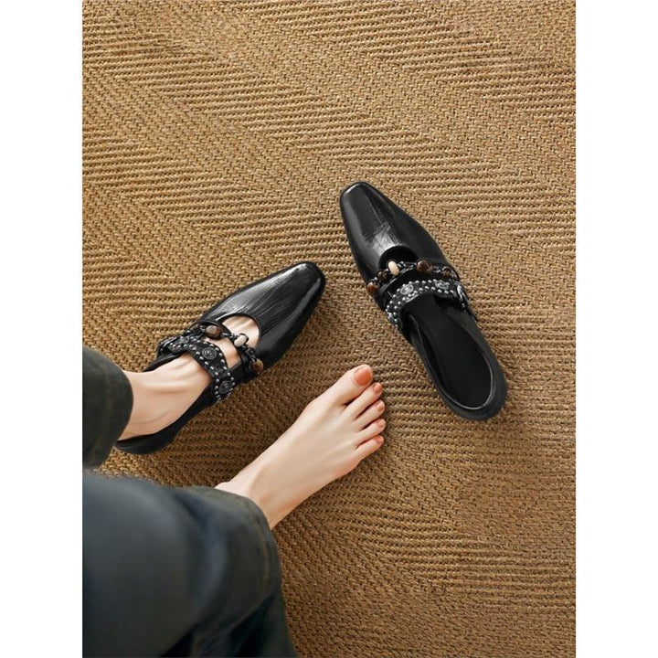 Damen Verzierten Loafer‑Mules mit quadratischer Zehenpartie und Perlenriemen – Lioré