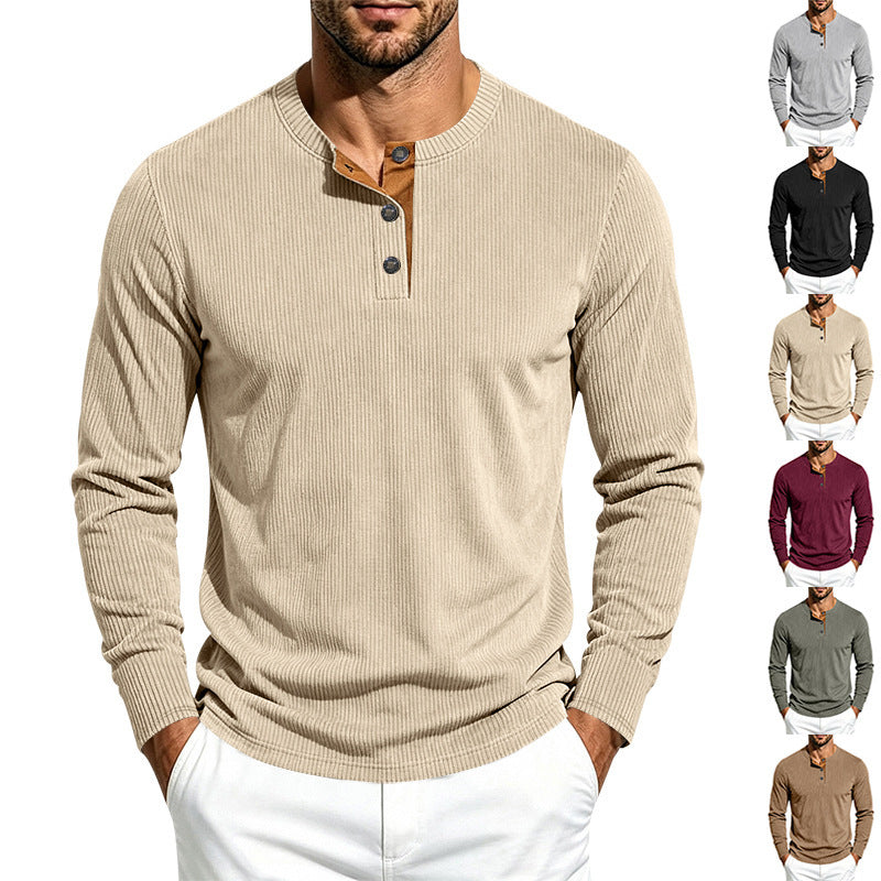 Herren Geripptes Henley-Langarmshirt aus Feinstrick mit Stehkragen und Knopfleiste – Norvane