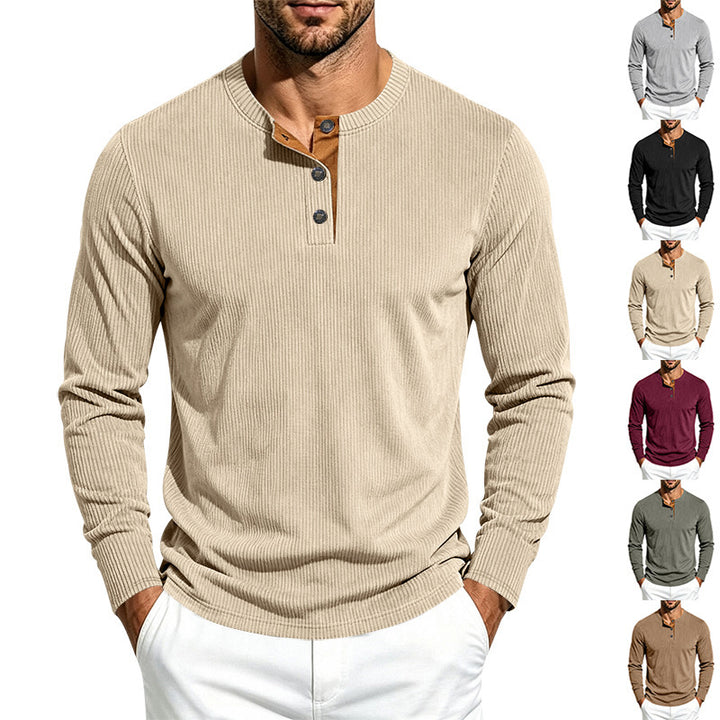 Herren Geripptes Henley-Langarmshirt aus Feinstrick mit Stehkragen und Knopfleiste – Norvane