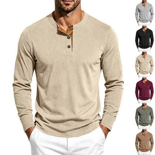 Herren Geripptes Henley-Langarmshirt aus Feinstrick mit Stehkragen und Knopfleiste – Norvane