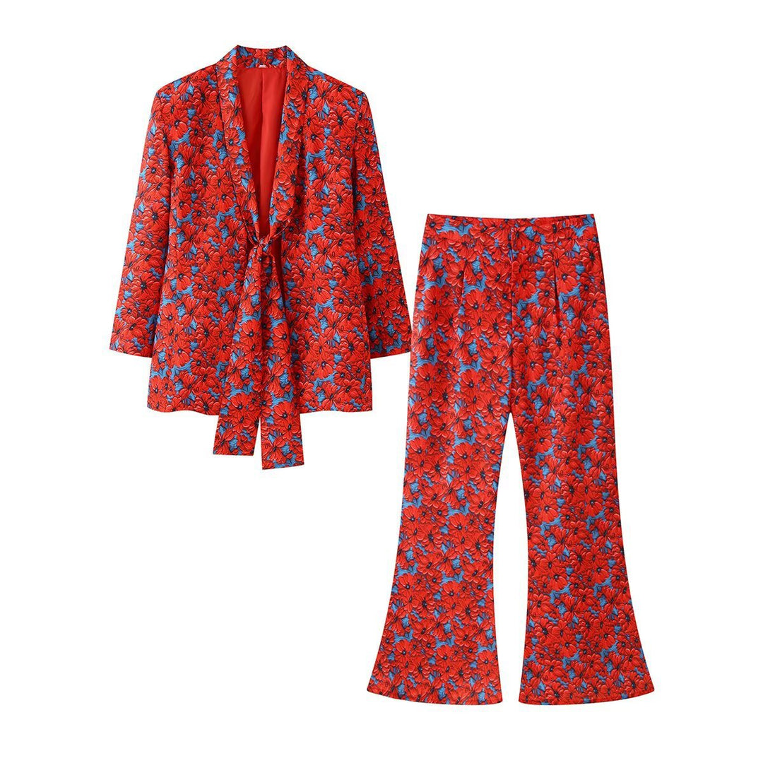 Damen Zweiteiliges Satin-Set mit lockerem Knotenblazer und ausgestellter Schlaghose Echo Archiv