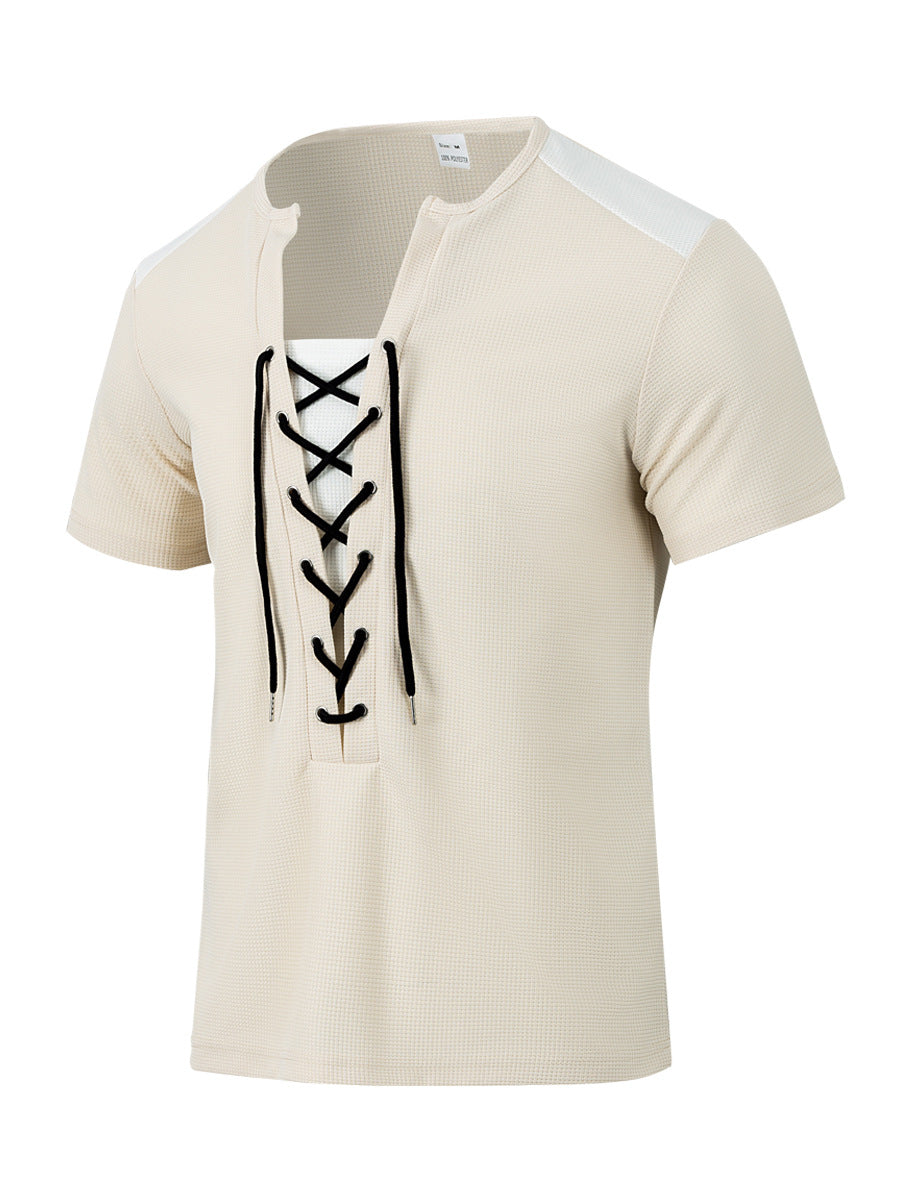 Herren Kurzarm-Henley-Shirt mit modischem Schnürdesign Echoarchiv