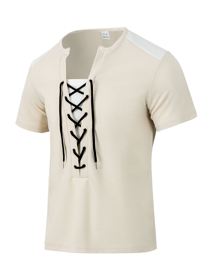 Herren Kurzarm-Henley-Shirt mit modischem Schnürdesign Echoarchiv