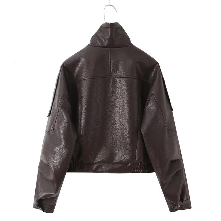 Damen Cropped Bikerblouson aus veganer Lederoptik mit asymmetrischer Frontpatte und Taillenbund Echoarchiv