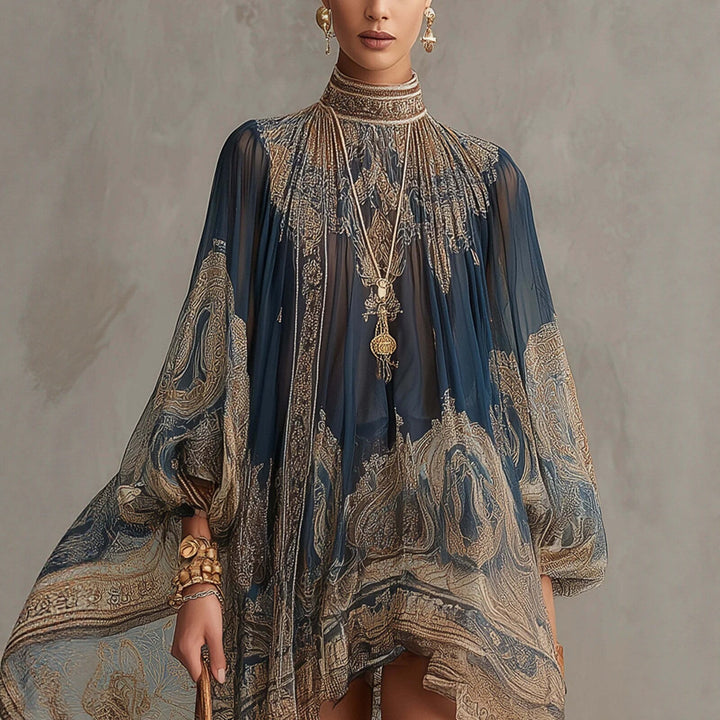 Damen Ätherisches Chiffon Tunika Kleid mit Hohem Stehkragen und Ballonärmeln – Élara
