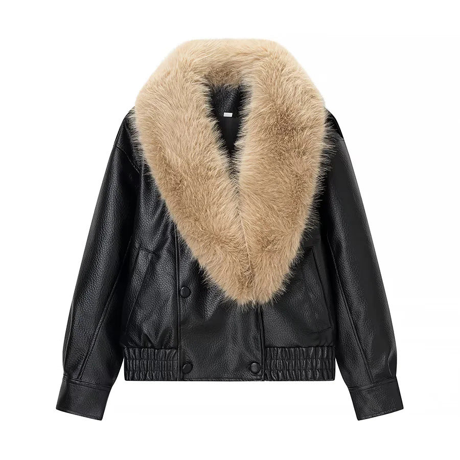 Damen kurz geschnittener Kunstleder-Blouson mit voluminösem Kunstfell-Schalkragen – Célinea