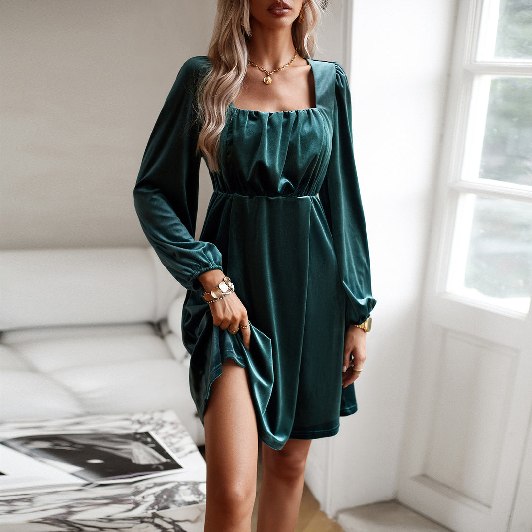 Damen Samt-Kurzkleid mit quadratischem Ausschnitt, Empire-Taille und Ballonärmeln – Élara
