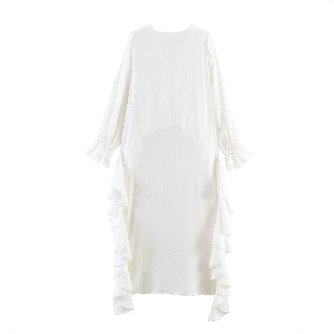 Damen Maxikleid mit asymmetrischem Volantbesatz, V-Ausschnitt und langen Rüschenärmeln Echo Archiv