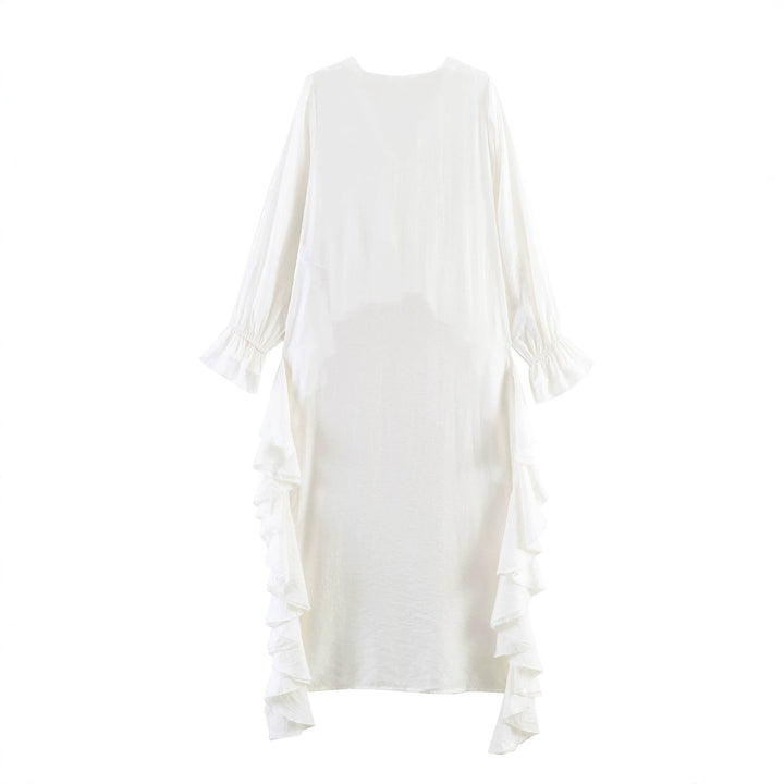 Damen Maxikleid mit asymmetrischem Volantbesatz, V-Ausschnitt und langen Rüschenärmeln Echo Archiv