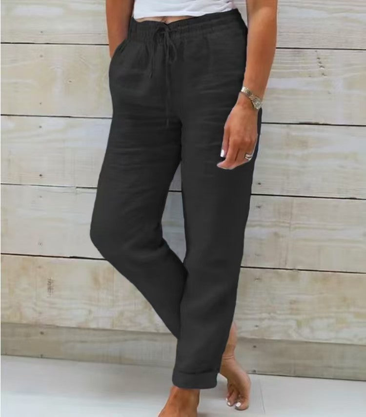 Damen lässige Leinenhose mit elastischem Bund Kordelzug und Seitentaschen – Avélisse