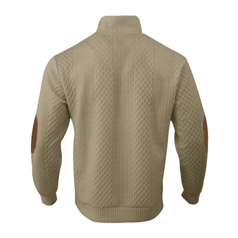 Herren nan Grobgestrickter Pullover mit Ellbogenpatches, Stehkragen und Knopfleiste Echo Archiv