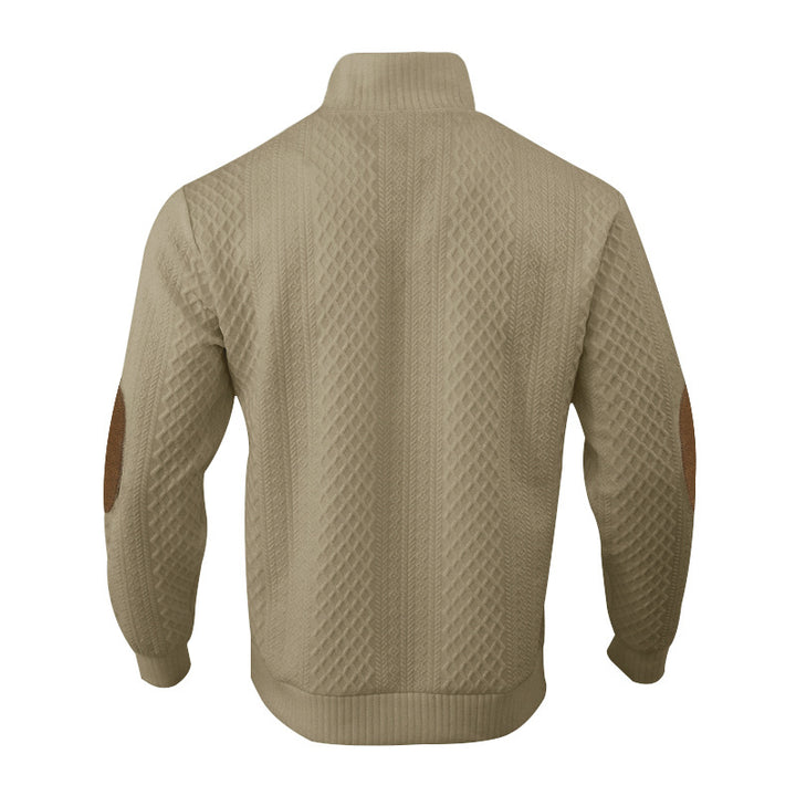 Herren nan Grobgestrickter Pullover mit Ellbogenpatches, Stehkragen und Knopfleiste Echo Archiv