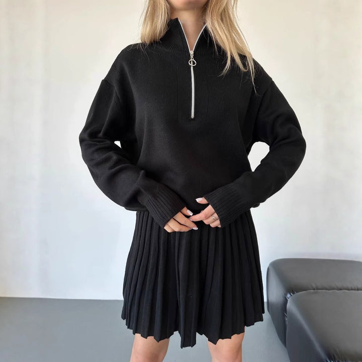 Damen gemütliches Strick-Set mit Reißverschluss-Pullover und plissiertem Rock – Élanora