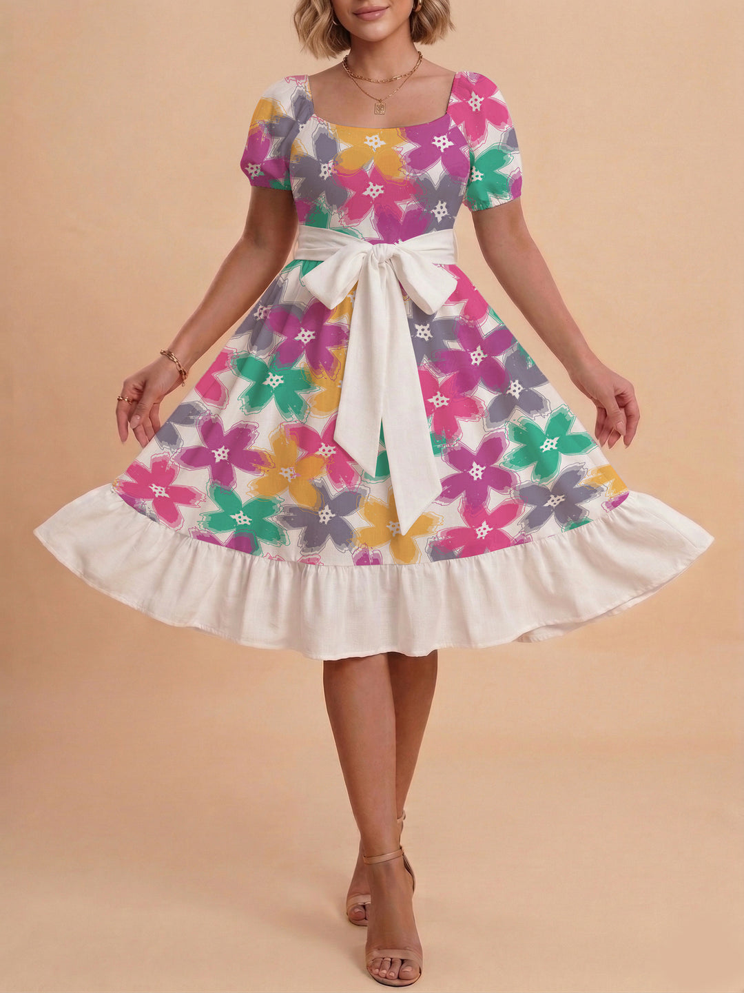 Damen Blumenkleid mit taillierbarem Gürtel und voluminösen Ärmeln Echo Archiv