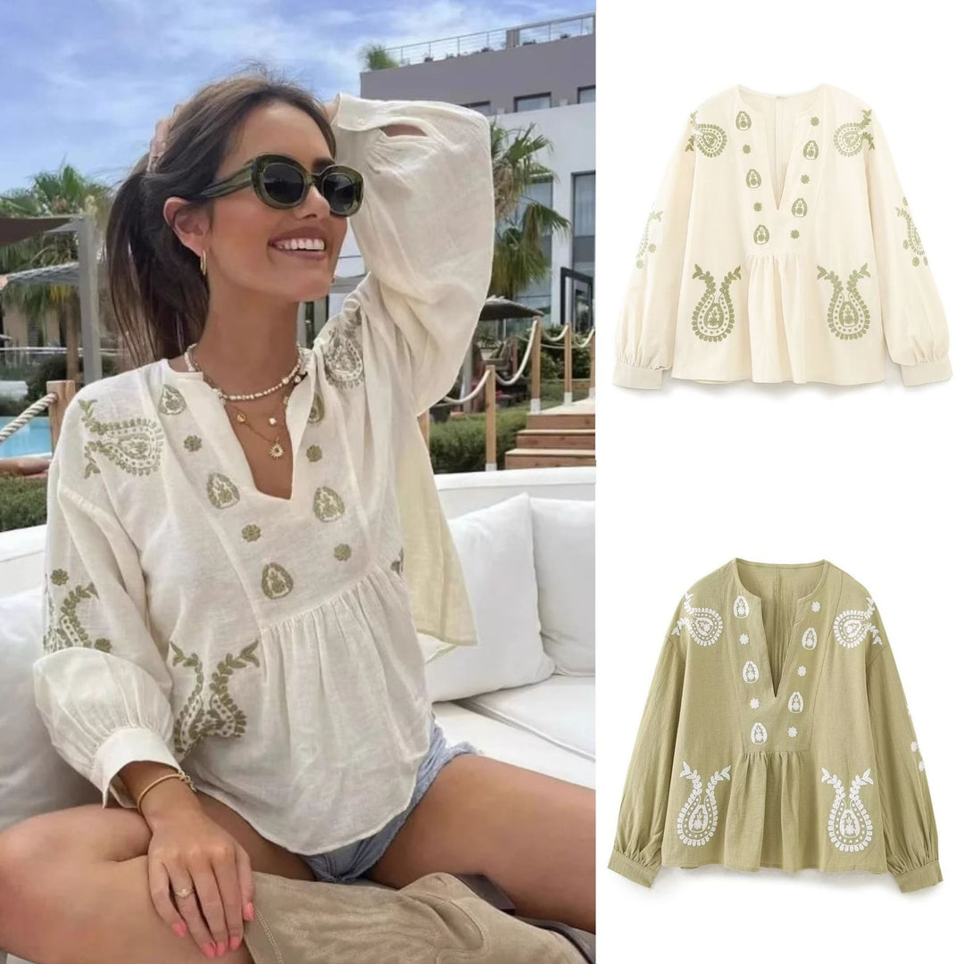 Damen nan bestickte Tunika-Bluse mit Paisley-Stickereien, V-Ausschnitt und voluminösen Ballonärmeln Echo Archiv