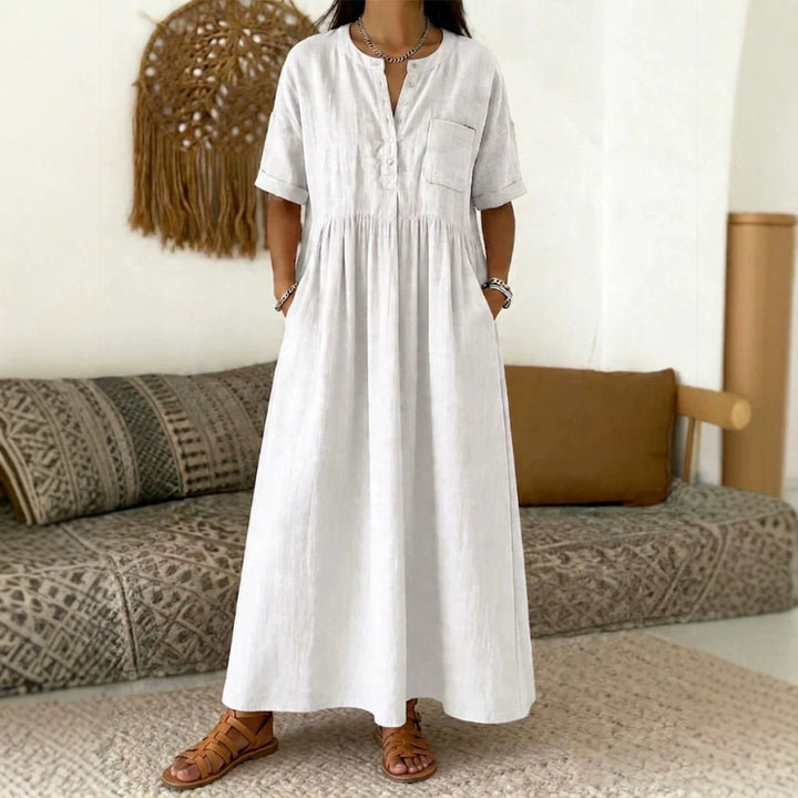 Damen Langes Boho‑Maxikleid mit Henley‑Knopfleiste, Brusttasche und seitlichen Eingrifftaschen Echoarchiv