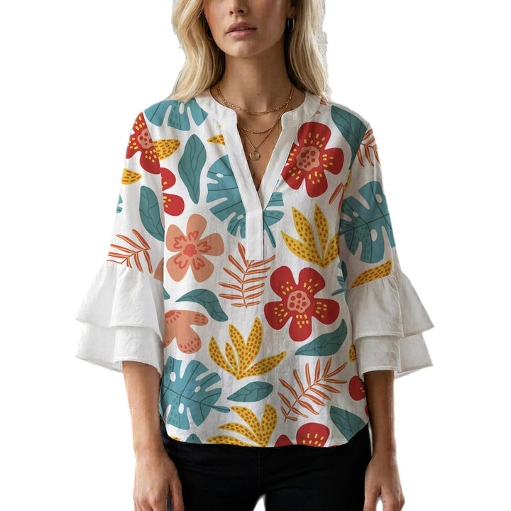 Damen Elegantes Oberteil mit voluminösen Rüchenärmeln und floralem Druck Echo Archiv