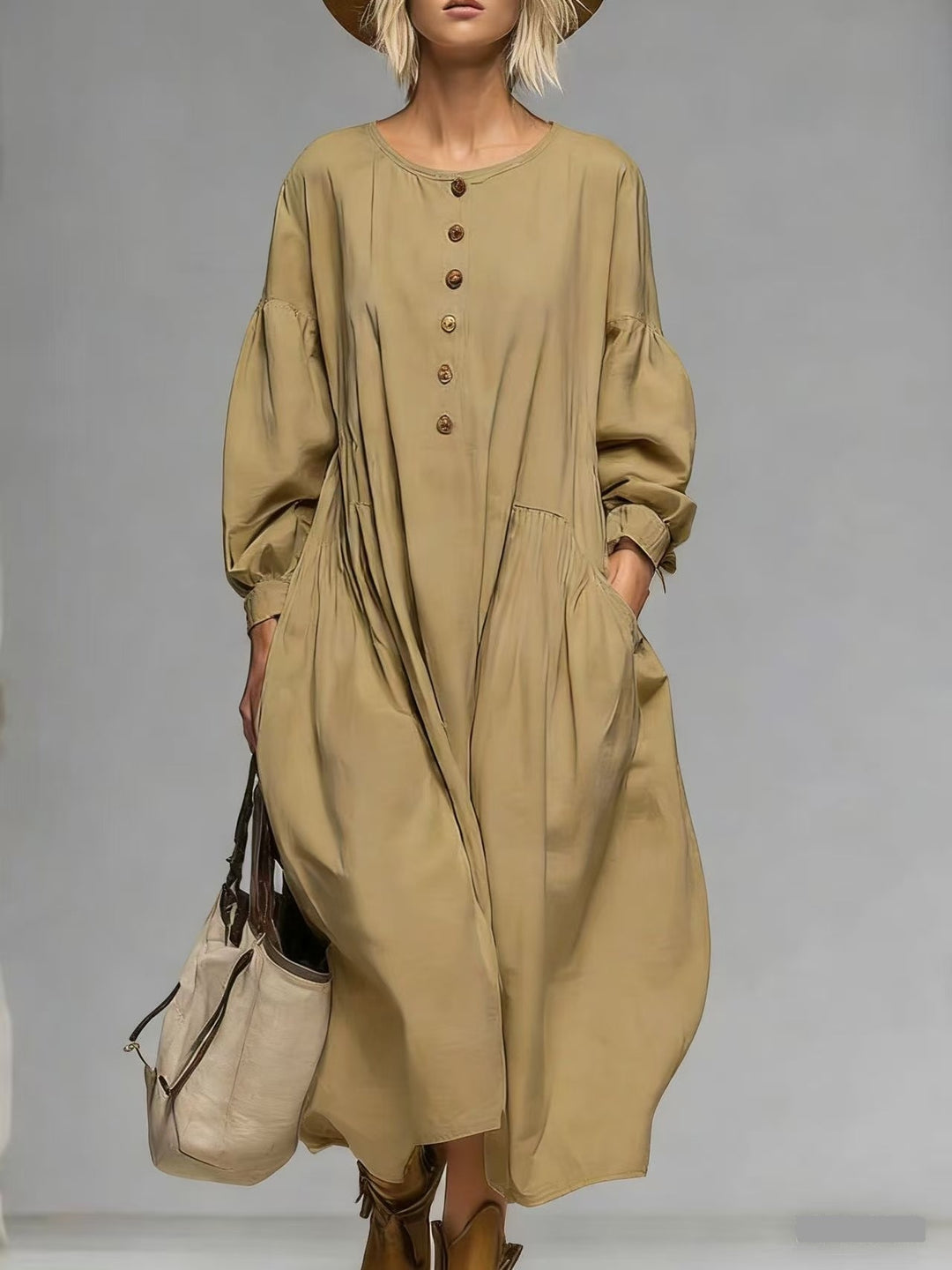 Damen Lässiges Midi-Kleid mit Knopfleiste, Ballonärmeln und Eingrifftaschen – Élara