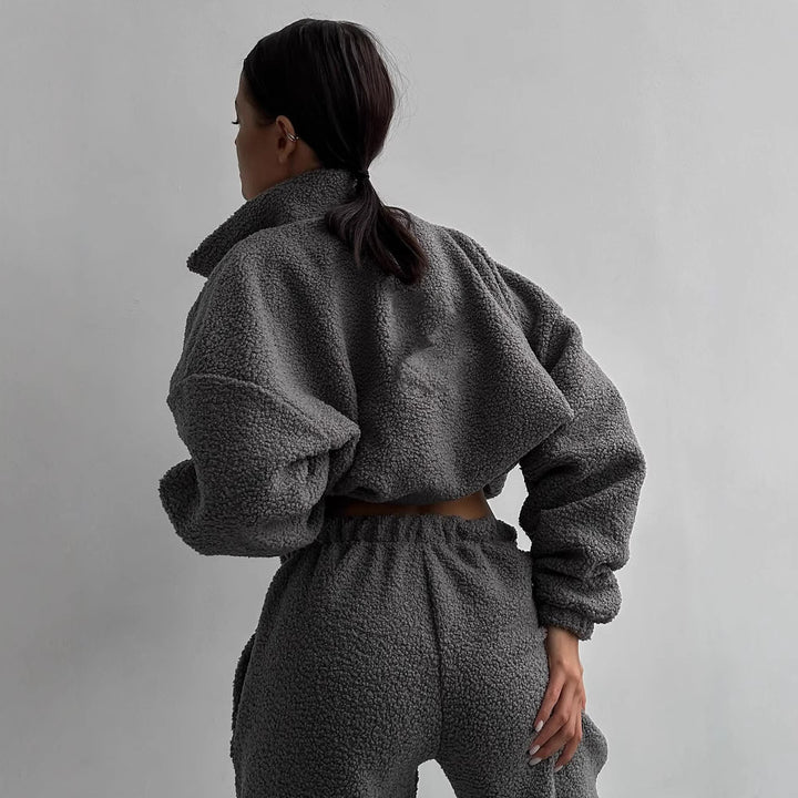 Damen Teddy-Fleece-Loungewear Set mit halbem Reißverschluss elastischem Tunnelzugbund und weitem Bein – Auréline