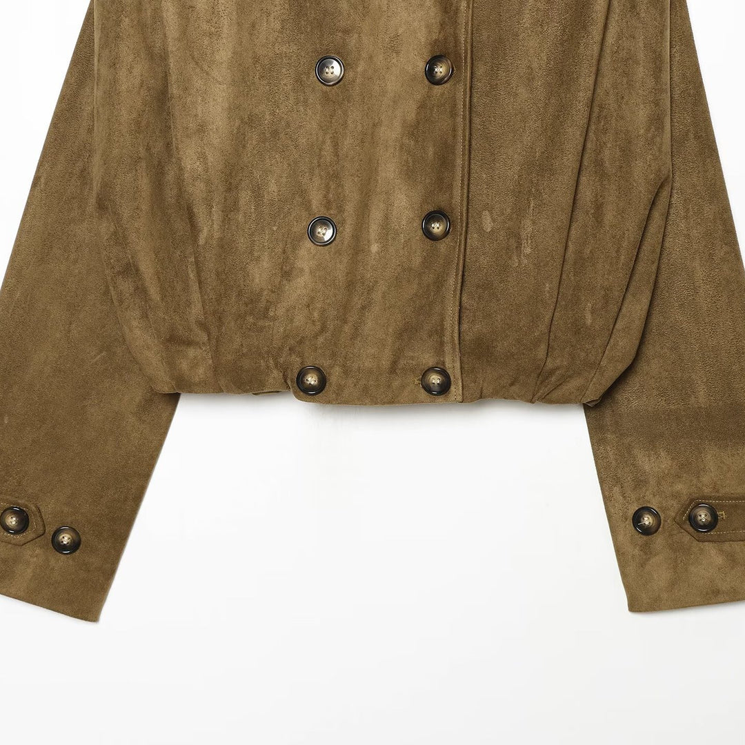 Damen Kurzgeschnittene doppelreihige Wildlederoptik‑Jacke mit Stehkragen und Schulterpatten Echoarchiv