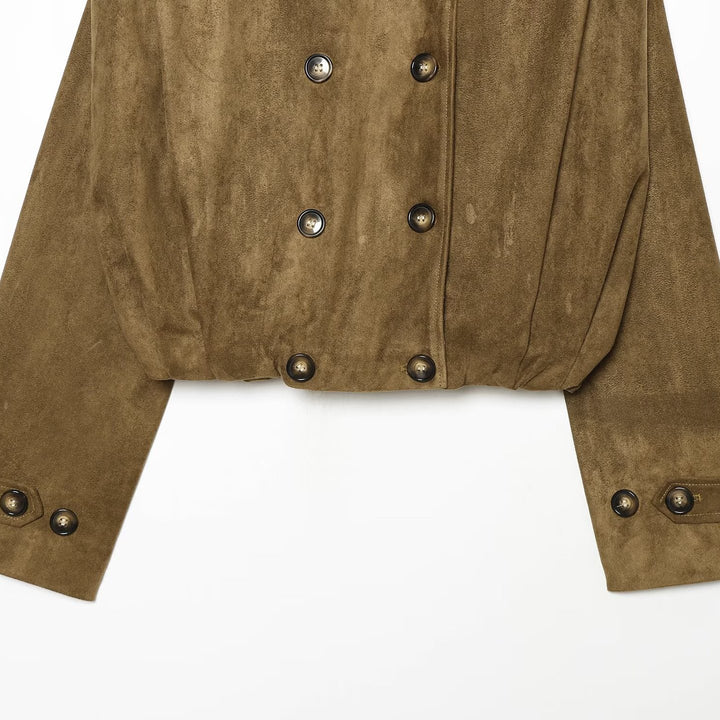 Damen Kurzgeschnittene doppelreihige Wildlederoptik‑Jacke mit Stehkragen und Schulterpatten Echoarchiv
