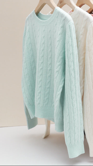 Damen Feiner Zopfmuster-Kabelstrickpullover mit Rundhalsausschnitt und Kaschmir‑Effekt Echo Archiv