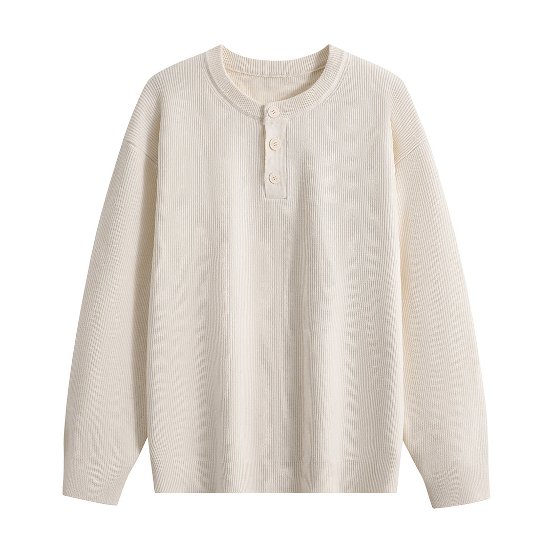 Unisex Oversize Rippstrick-Henley-Pullover mit 3‑Knopf-Leiste Echoarchiv