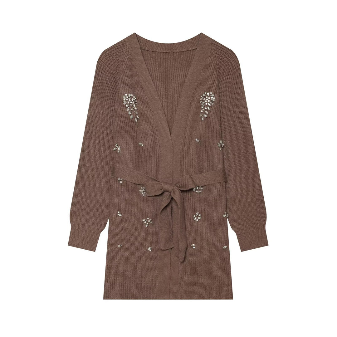 Damen Longcardigan mit Bindegürtel und Schmuckstein‑Applikation Echo Archiv