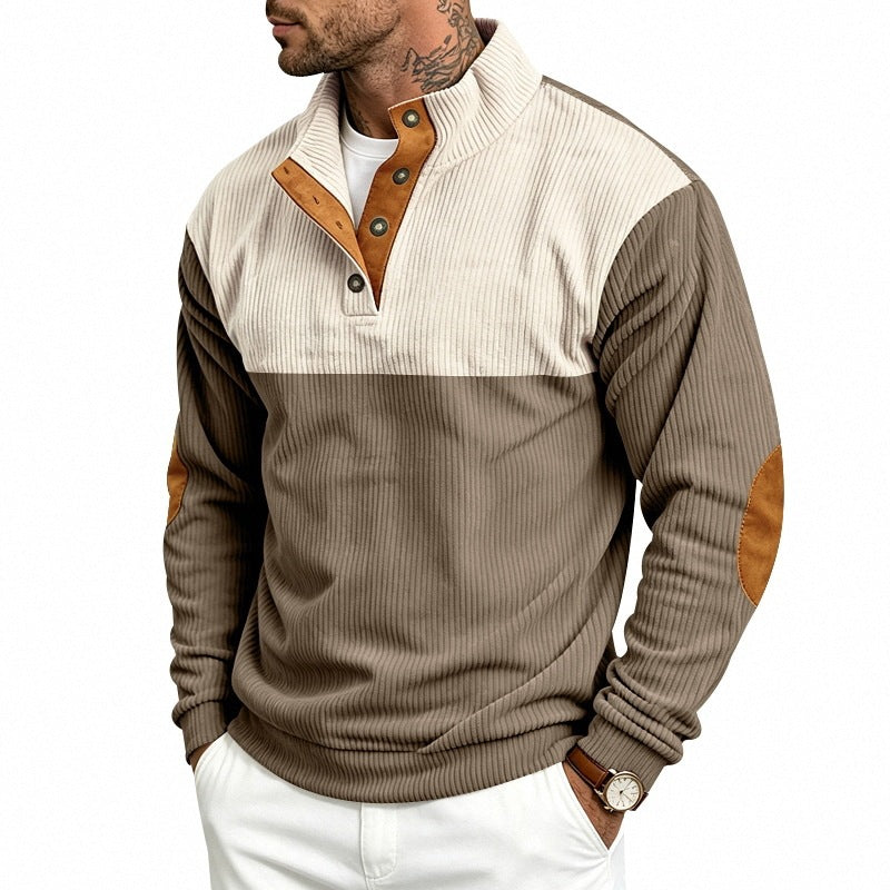 Herren Strukturiertes Ripp-Henley-Halbzip mit Stehkragen und Ellenbogen-Patches Echoarchiv