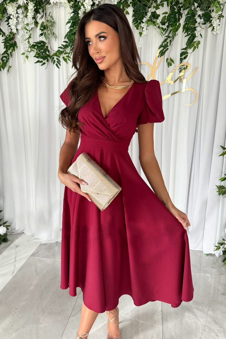 Damen A-Linie Kleid mit Puffärmeln und schmalem V-Ausschnitt – Élara