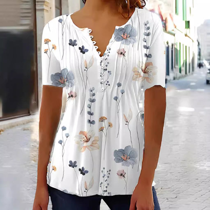 Damen nan leichtes V-Ausschnitt Blusenshirt mit Zierknopfleiste und dezent plissierter Vorderpartie Echo Archiv