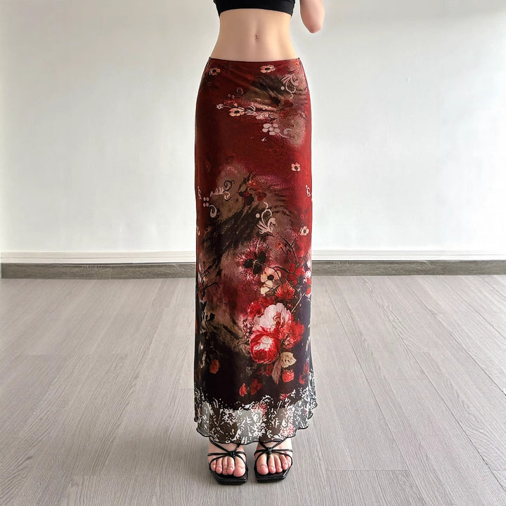 Damen Langes Satin-Chiffon Maxirock mit floralem Aquarellprint Echo Archiv