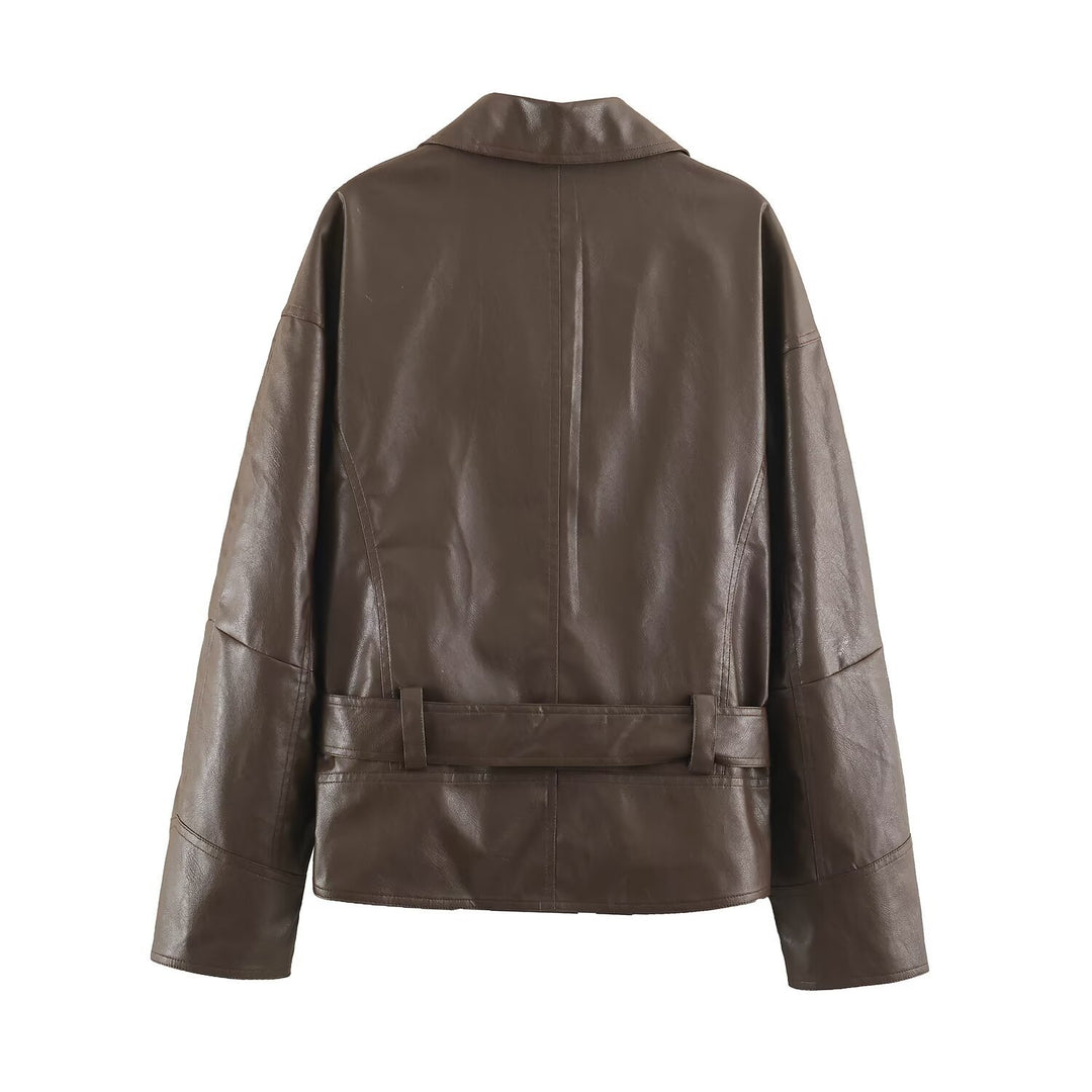 Damen Kurzjacke aus Lederoptik mit Bindegürtel und asymmetrischer Knopfleiste Echo Archiv