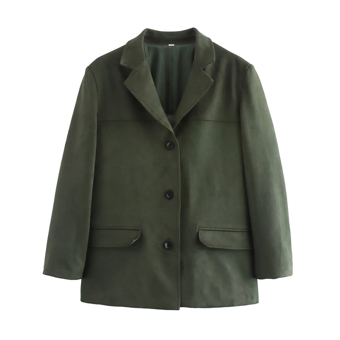 Damen kurzer Veloursleder Mantelblazer mit Reverskragen und aufgesetzten Pattentaschen – Célinea