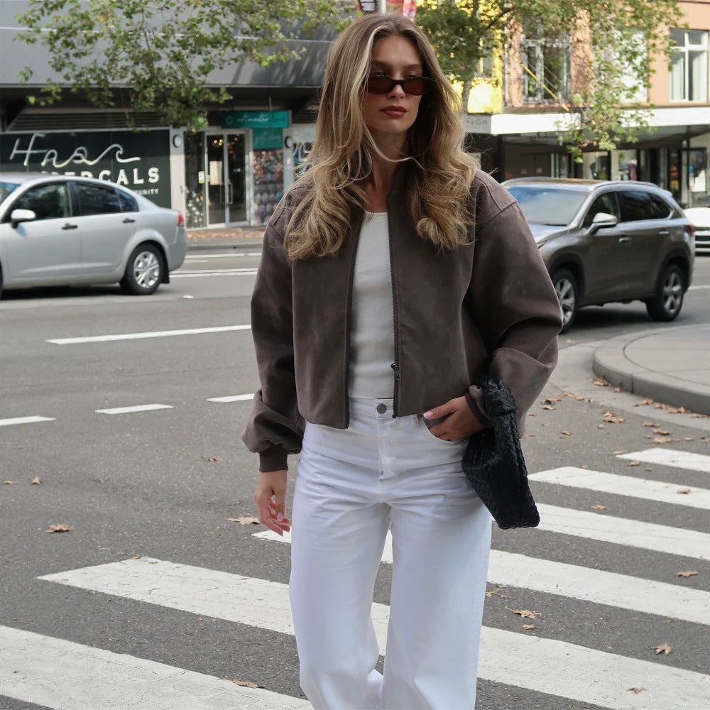 Damen Kurze Boxy-Suede-Bomberjacke mit Stehkragen und gerippten Bündchen Echoarchiv