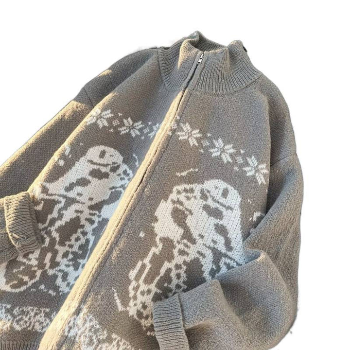 Unisex Übergroße Strickjacke mit durchgehendem Reißverschluss, hohem Rippkragen und Eulen-Intarsien Echoarchiv