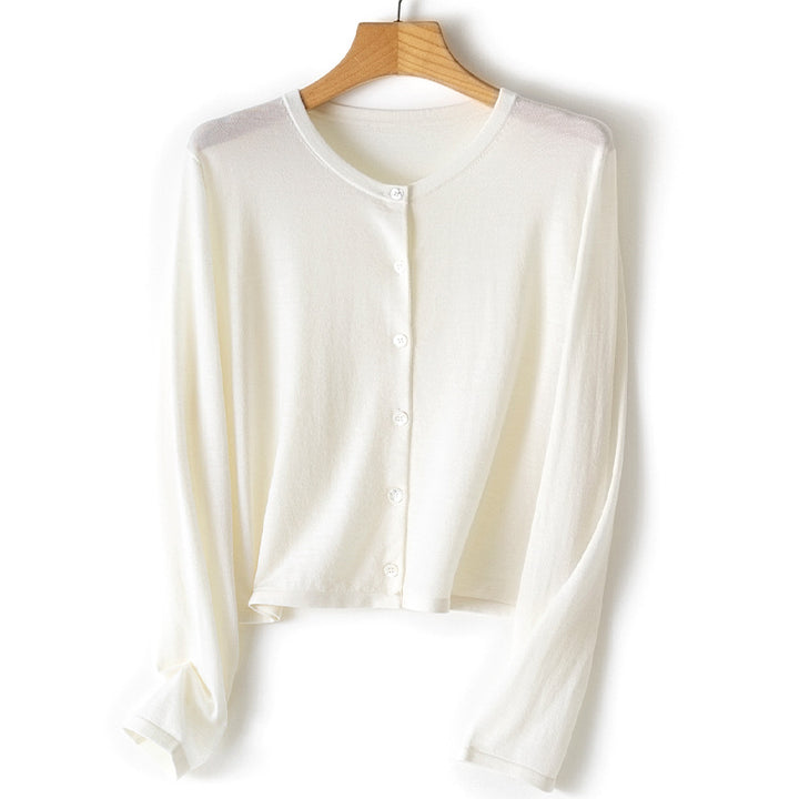 Damen leichte kurz geschnittene Feinstrick-Cardigan mit Rundhalsausschnitt und Knopfleiste Echoarchiv