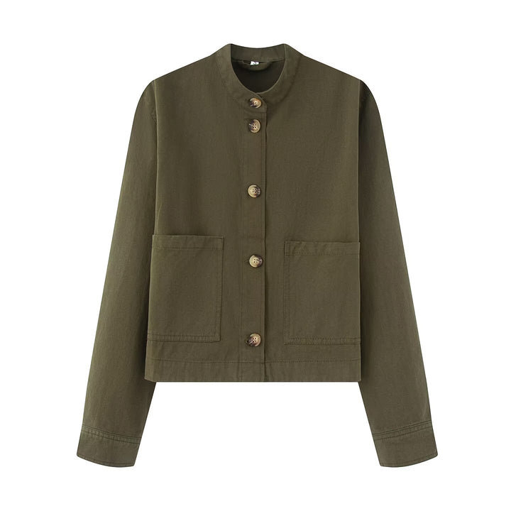 Damen Kurzjacke mit Stehkragen, Boxy‑Cropped Silhouette und aufgesetzten Taschen Echoarchiv