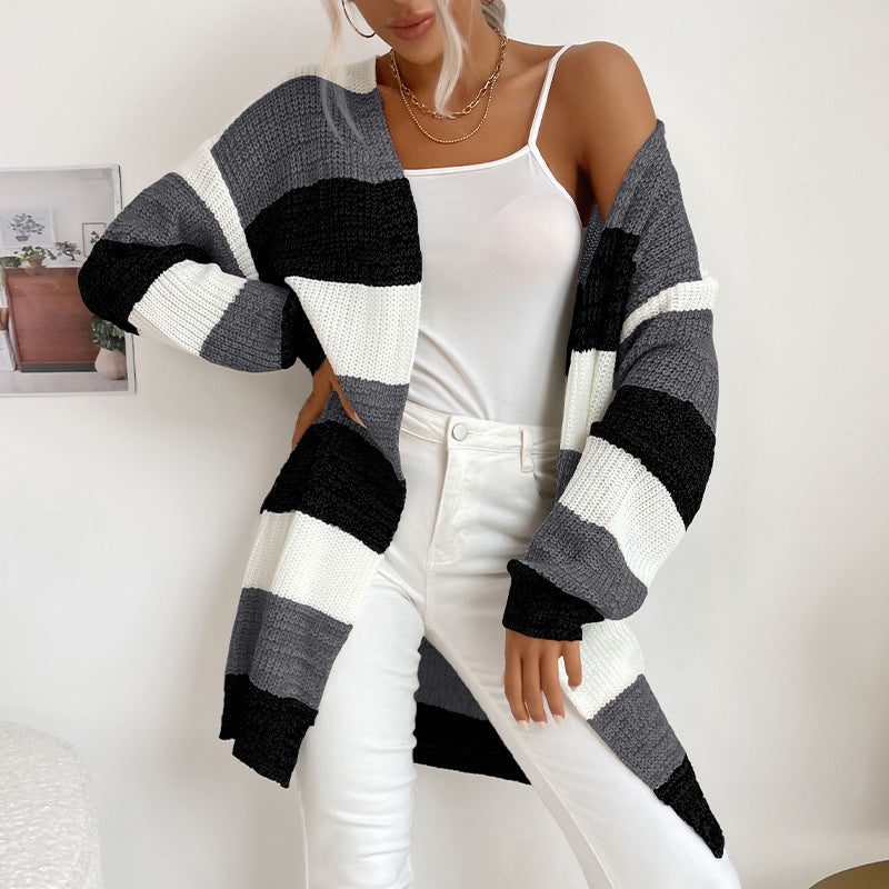 Damen Langer Oversize-Strickcardigan mit Blockstreifen und offener Front – Veloura